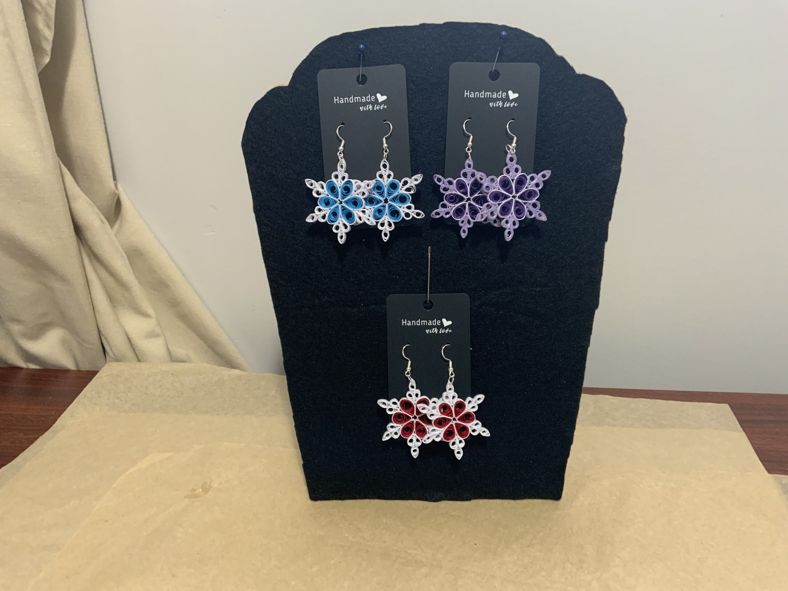 Handmade Quilled CHRISTMAS SNOWFLAKE Earrings, Artisan Jewelry, Festive Fun Earrings