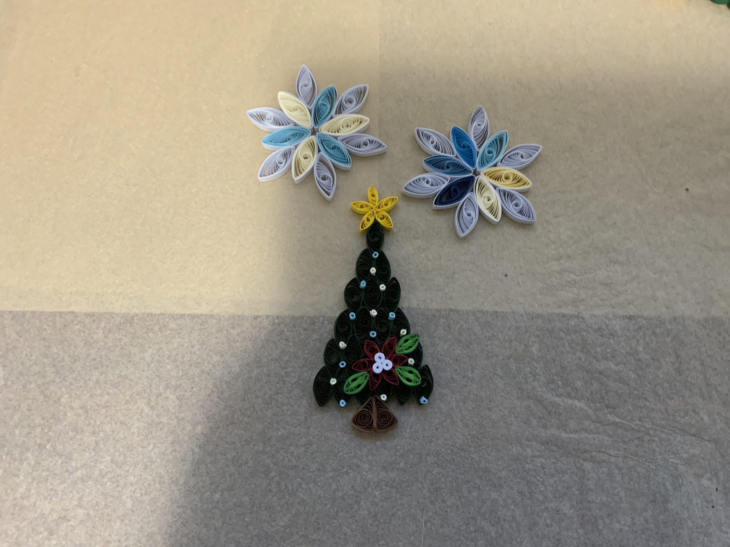 Handmade Quilled CHRISTMAS TREE Ornaments, 1 Tree and 2 Snowflakes per set