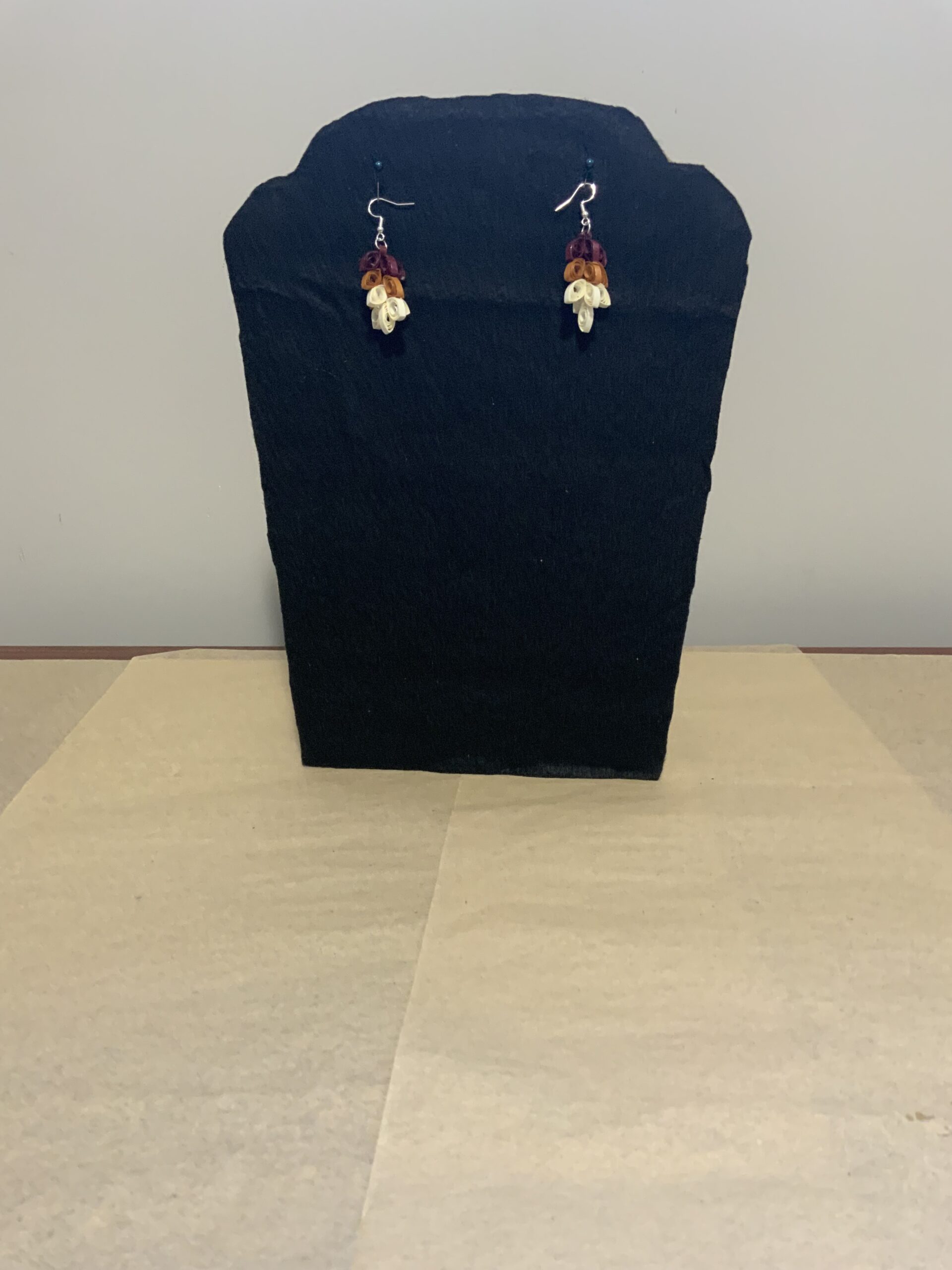 BURGUNDY / GOLD / CREAM LEAFS Quilled Earrings ,Artisan Jewelry - Image 3