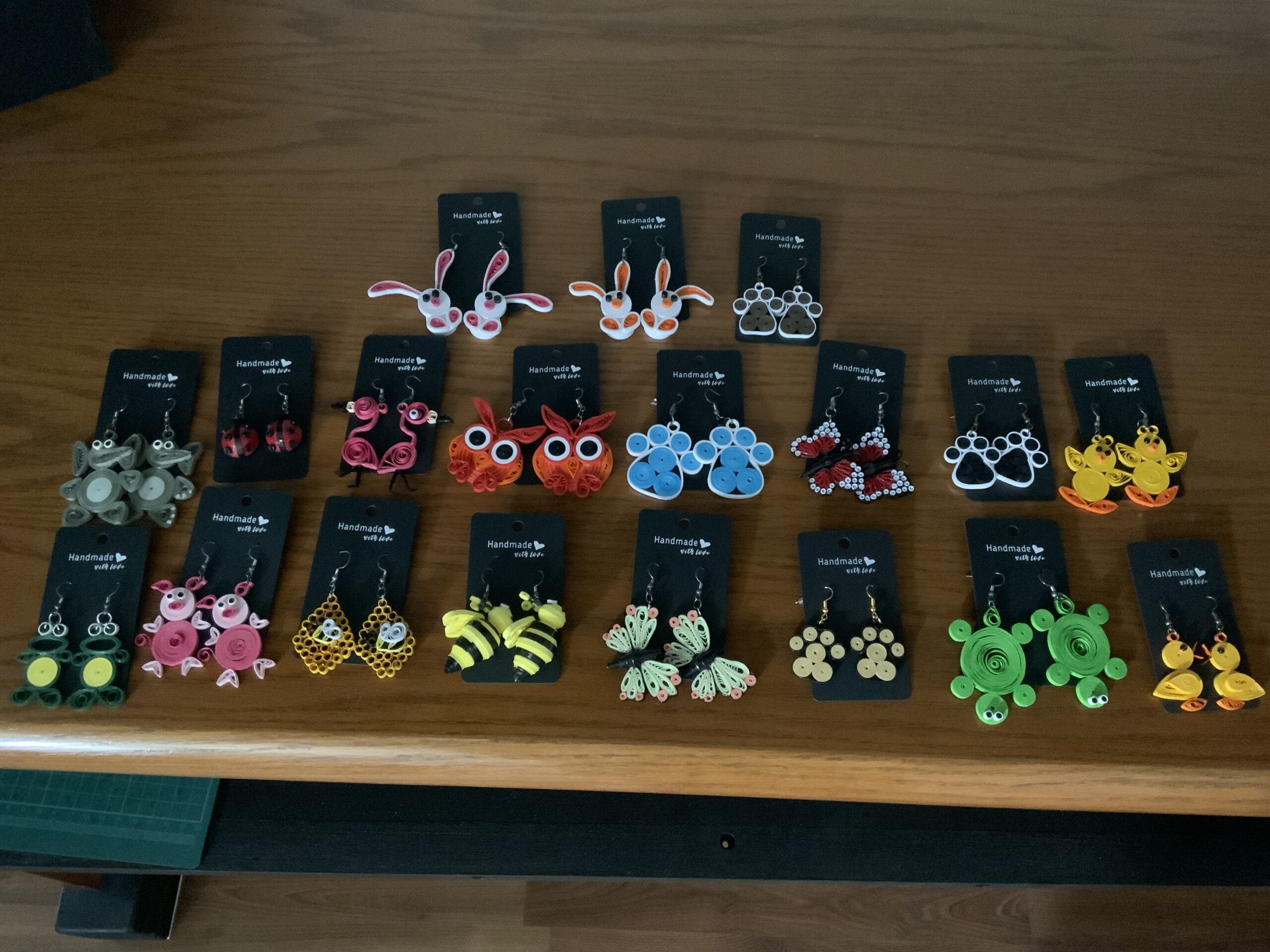 QUILLED ANIMAL COLLECTION EARRINGS, BEE, ELEPHANT, FROG, OWL, TURTLE, PIG, LADYBUG & MORE……