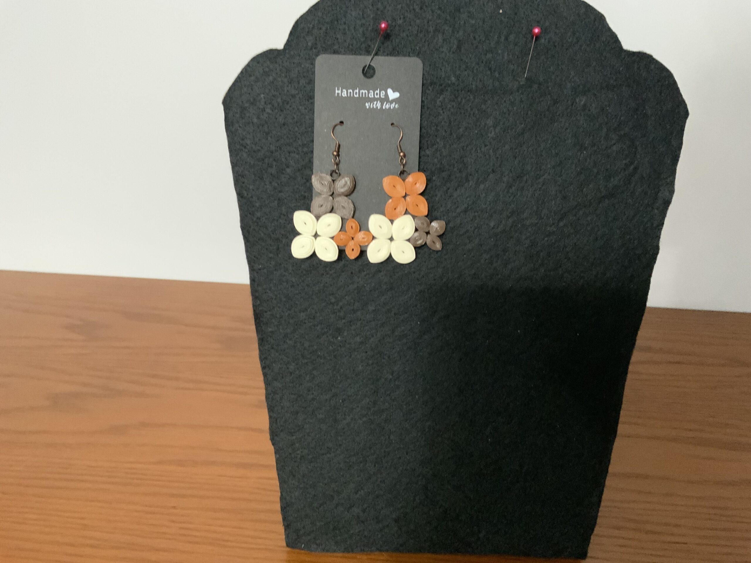 EARTH-TONE 3 FLOWER QUILLED EARRINGS, ARTISAN JEWELRY, ARTISTIC