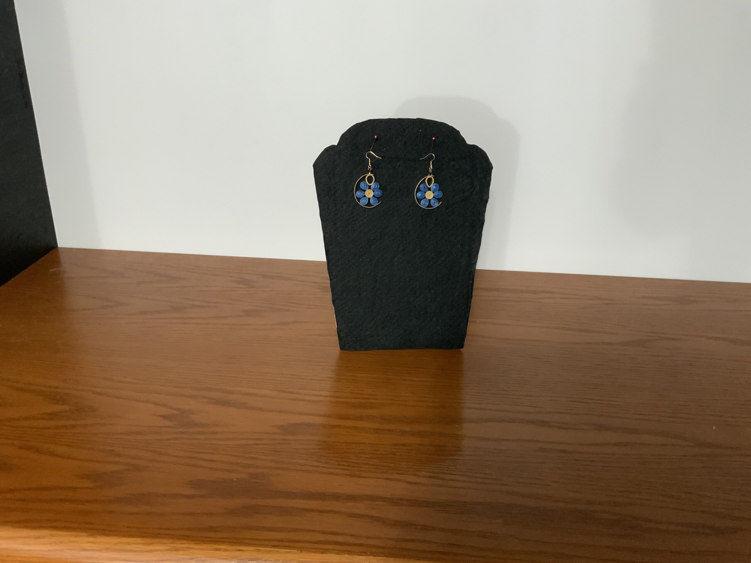 MODERN HALF-CIRCLE QUILLED EARRINGS with LARGE BLUE FLOWER, Statement Piece - Image 9
