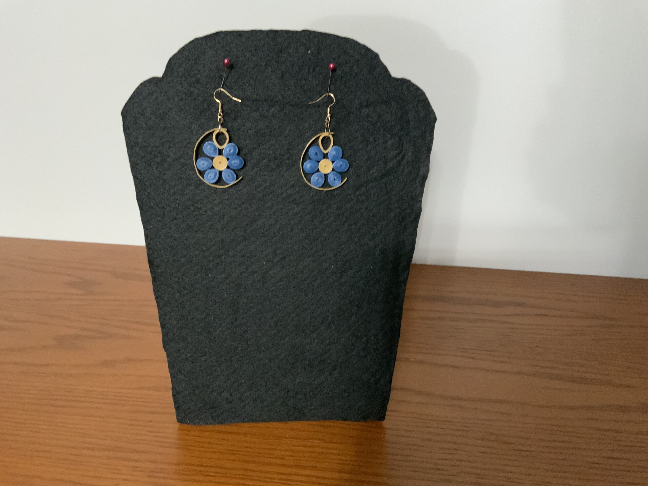 MODERN HALF-CIRCLE QUILLED EARRINGS with LARGE BLUE FLOWER, Statement Piece - Image 8