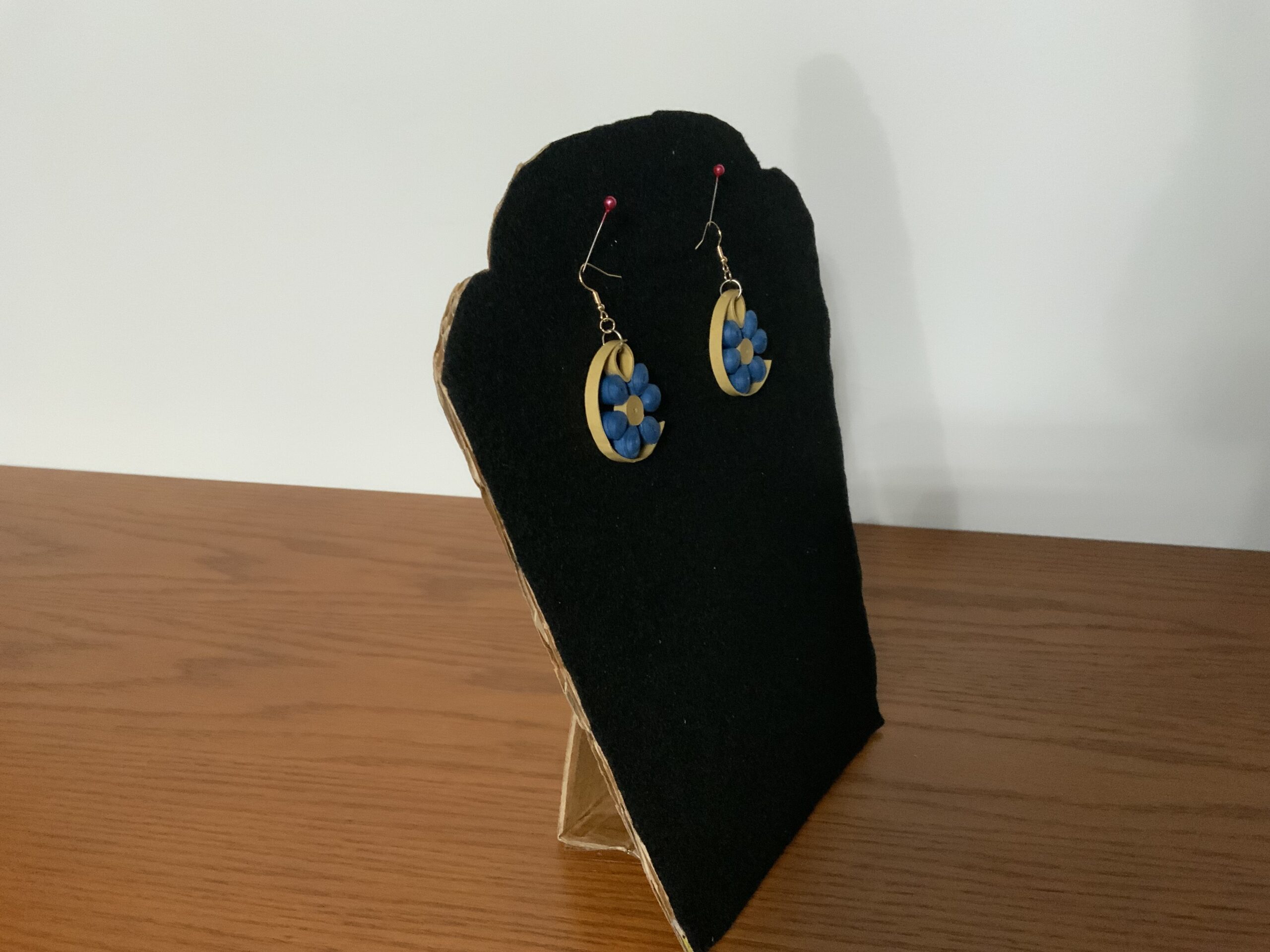 MODERN HALF-CIRCLE QUILLED EARRINGS with LARGE BLUE FLOWER, Statement Piece - Image 5
