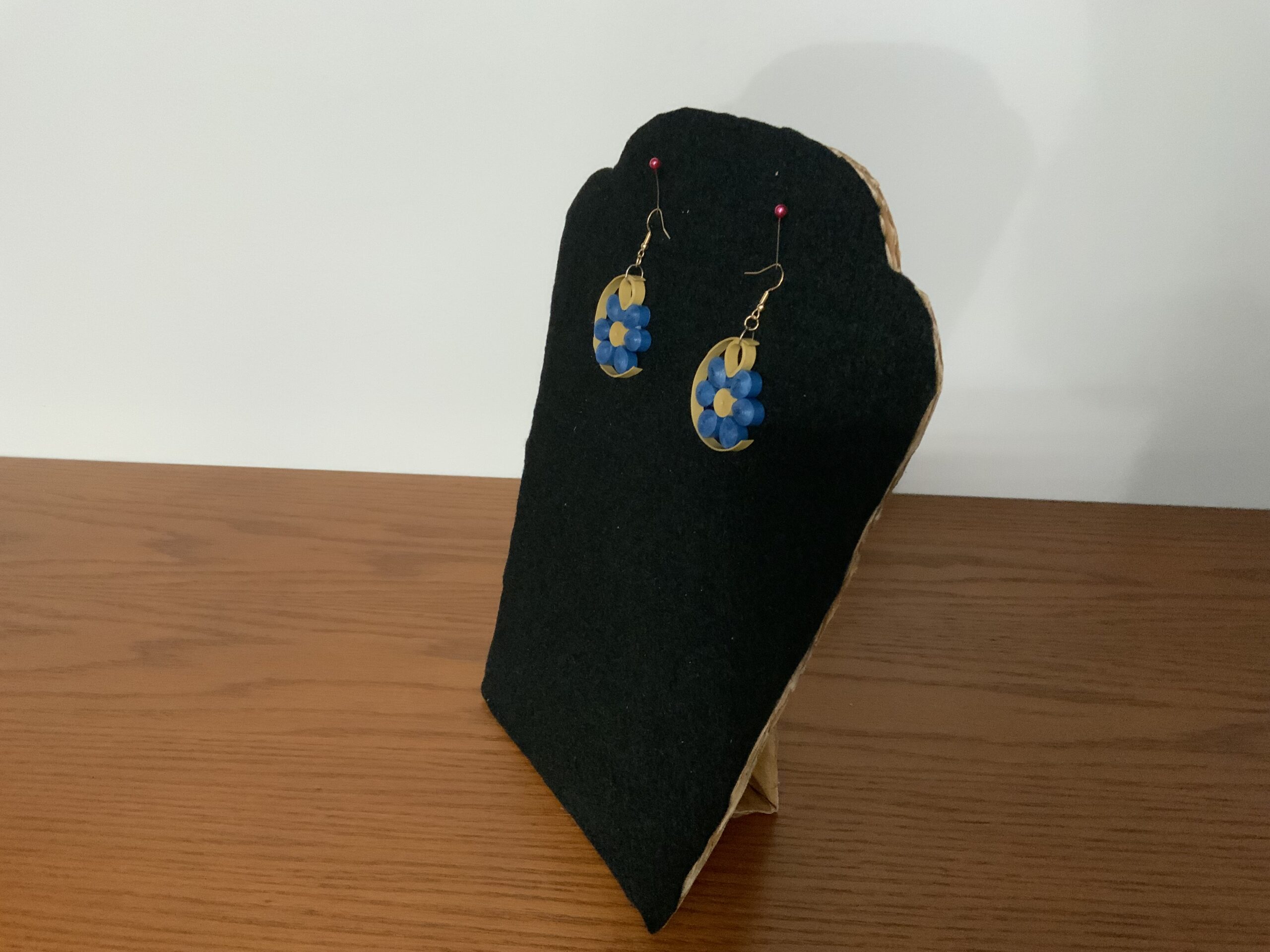 MODERN HALF-CIRCLE QUILLED EARRINGS with LARGE BLUE FLOWER, Statement Piece - Image 4