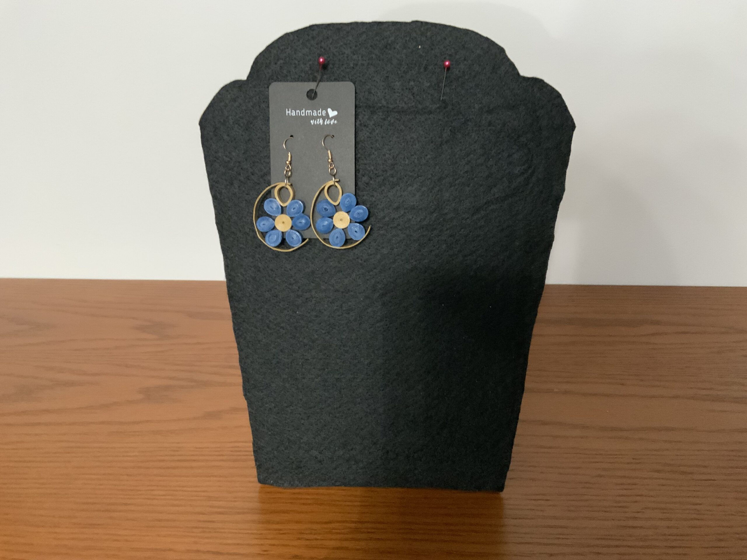 MODERN HALF-CIRCLE QUILLED EARRINGS with LARGE BLUE FLOWER, Statement Piece