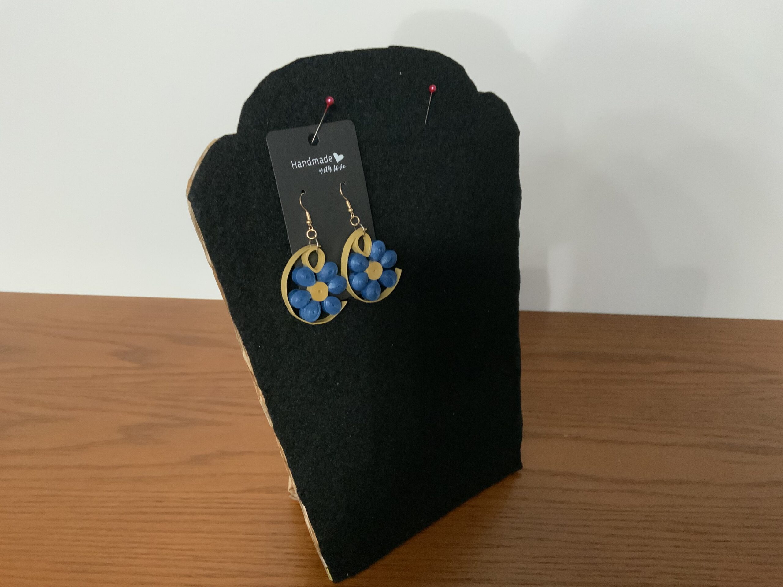 MODERN HALF-CIRCLE QUILLED EARRINGS with LARGE BLUE FLOWER, Statement Piece - Image 3