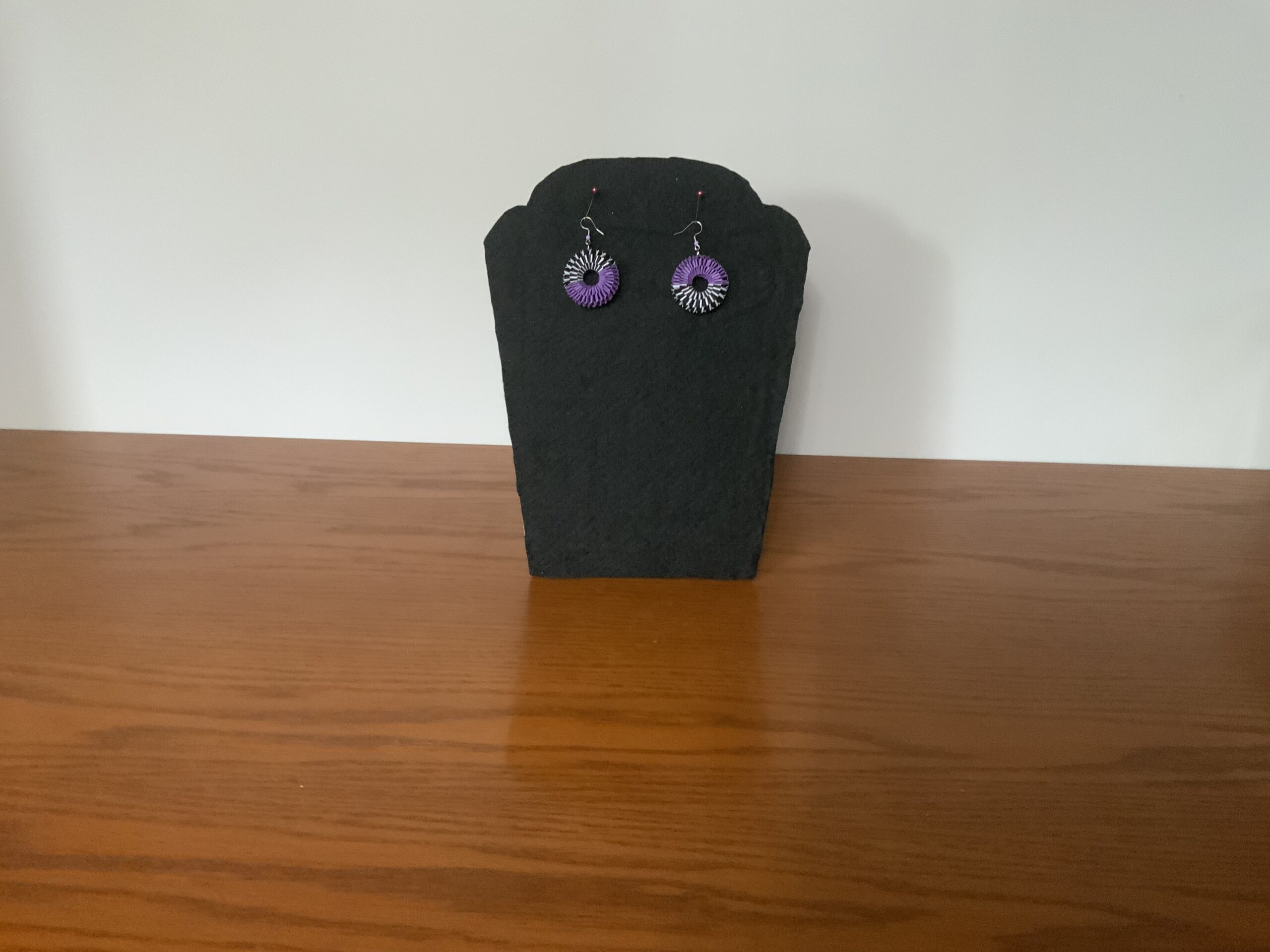 HAND DESIGNED QUILLED EARRINGS – WEAVED EARRINGS, VIBRANT PURPLE, BLACK & WHITE, EYE-CATCHING - Image 8