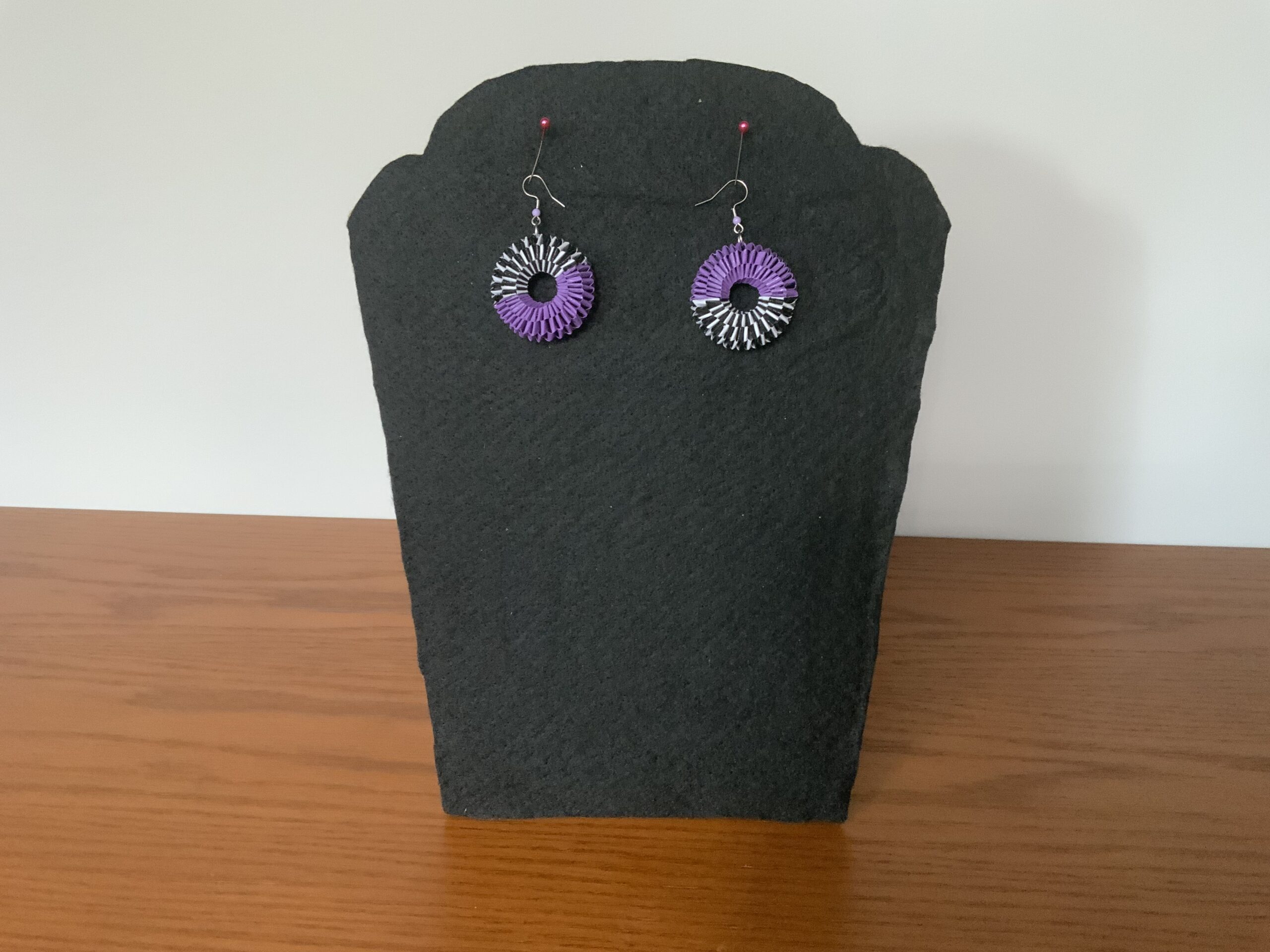 HAND DESIGNED QUILLED EARRINGS – WEAVED EARRINGS, VIBRANT PURPLE, BLACK & WHITE, EYE-CATCHING - Image 7