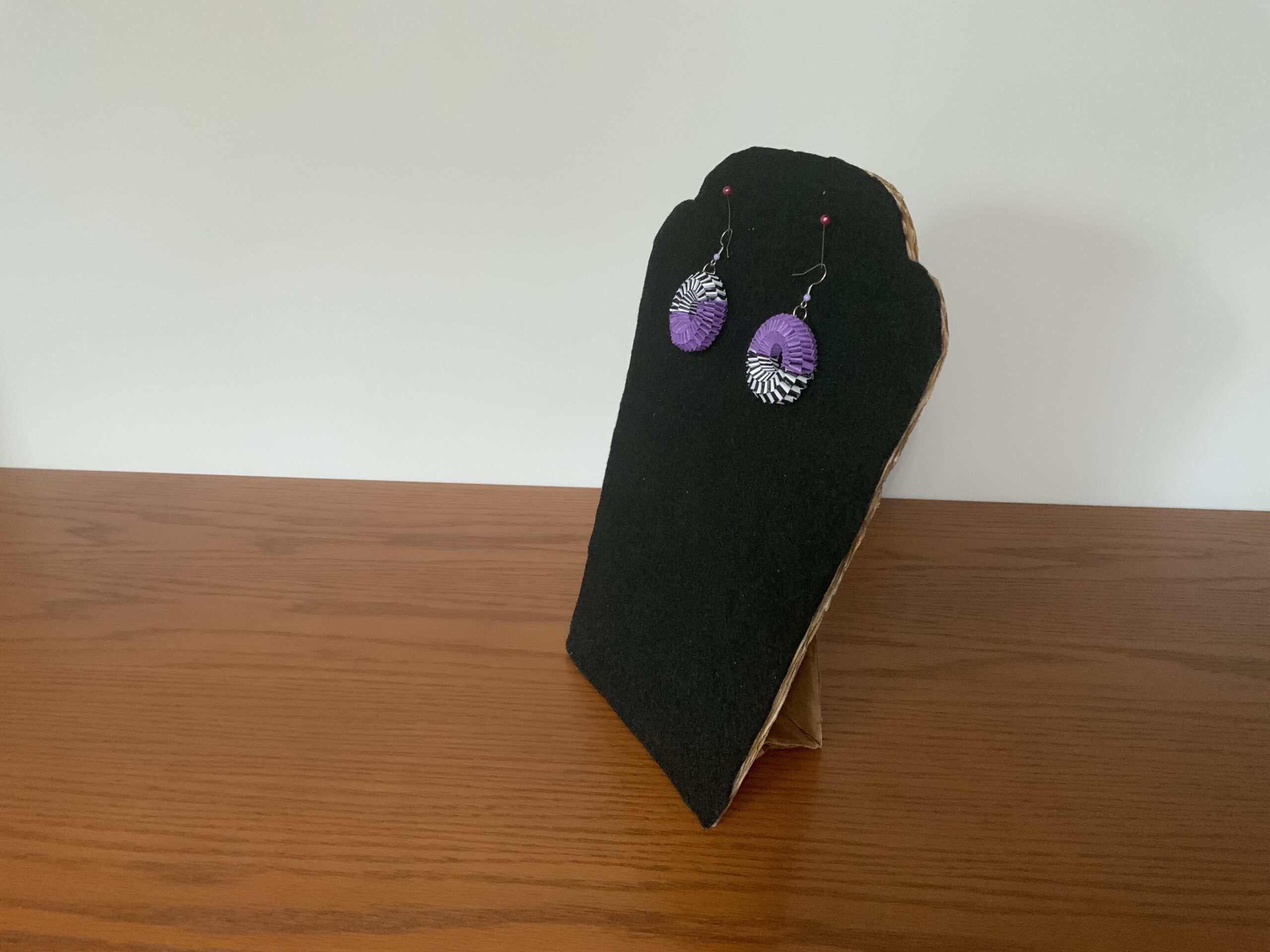 HAND DESIGNED QUILLED EARRINGS – WEAVED EARRINGS, VIBRANT PURPLE, BLACK & WHITE, EYE-CATCHING - Image 5