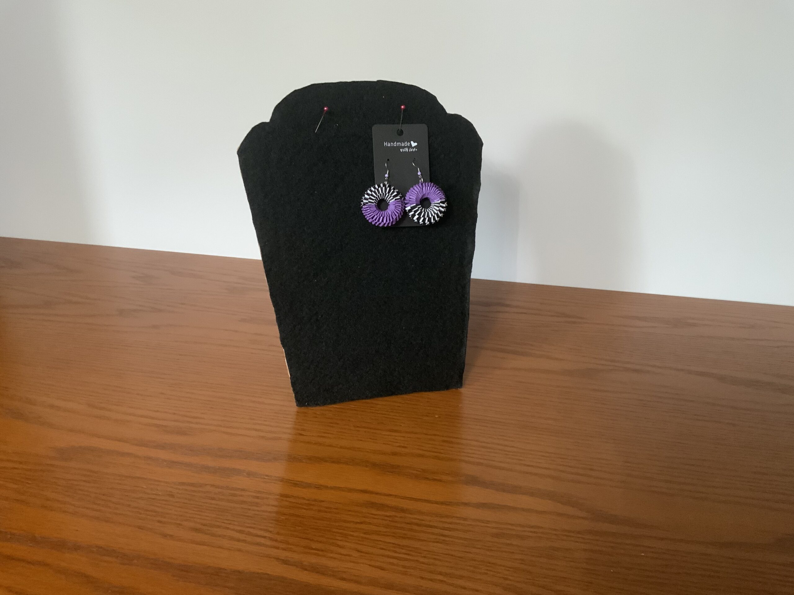 HAND DESIGNED QUILLED EARRINGS – WEAVED EARRINGS, VIBRANT PURPLE, BLACK & WHITE, EYE-CATCHING - Image 3