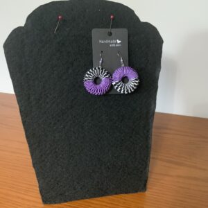 HAND DESIGNED QUILLED EARRINGS – WEAVED EARRINGS, VIBRANT PURPLE, BLACK & WHITE, EYE-CATCHING