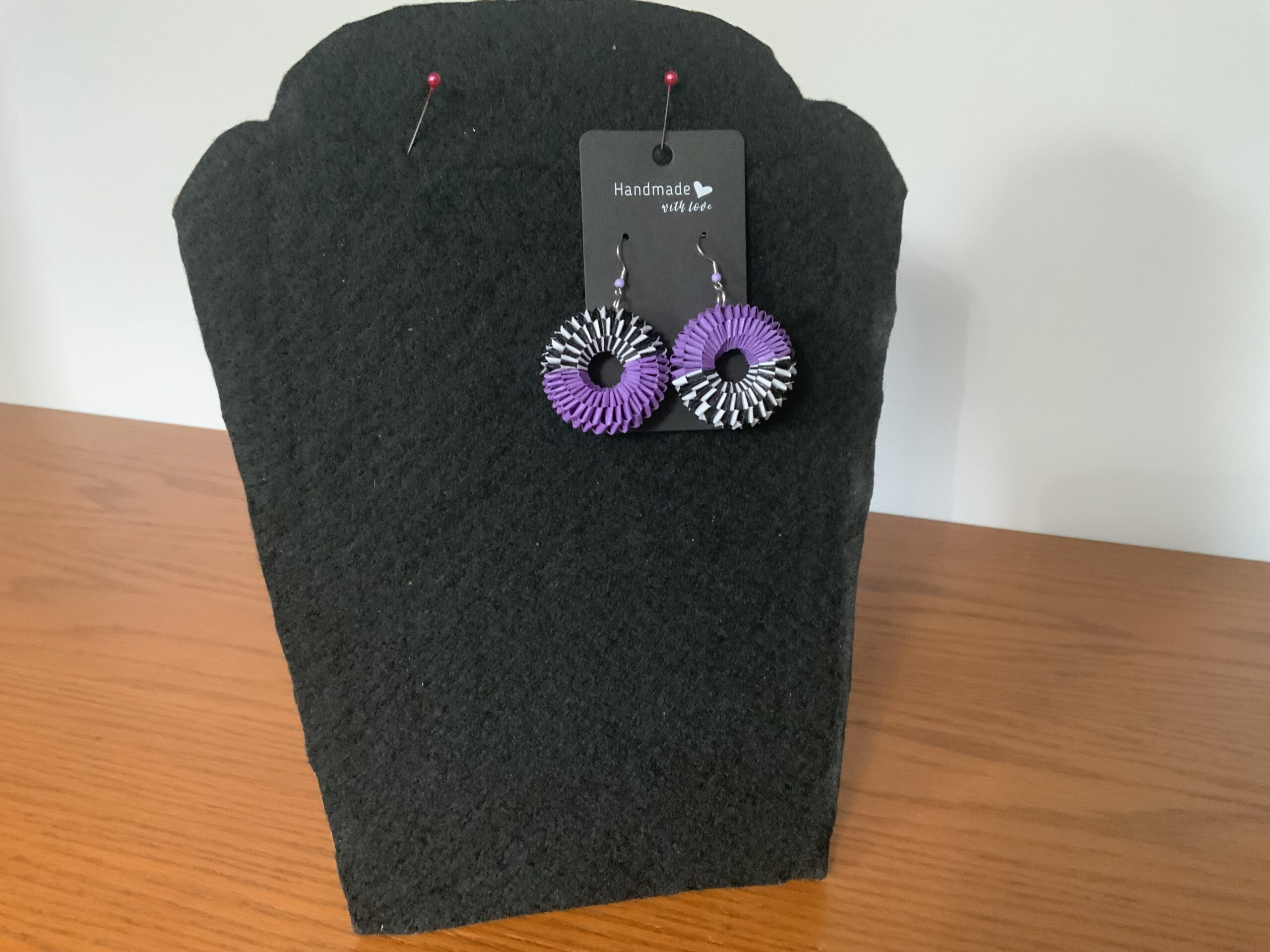 HAND DESIGNED QUILLED EARRINGS – WEAVED EARRINGS, VIBRANT PURPLE, BLACK & WHITE, EYE-CATCHING