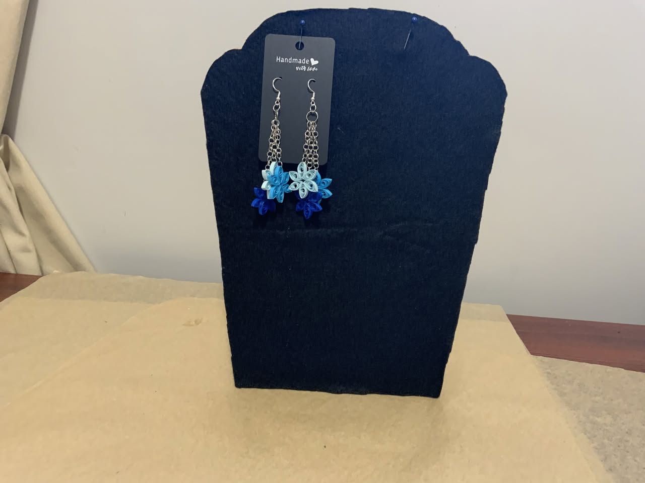 Artisan Jewelry - 3-Tone Dangle Blue Flower Quilled Earrings