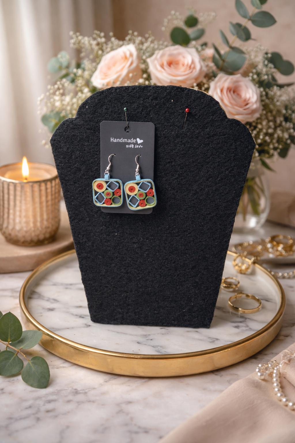Elegant Symmetry in Colourful Form, Handmade quilled Earring & Necklace Set