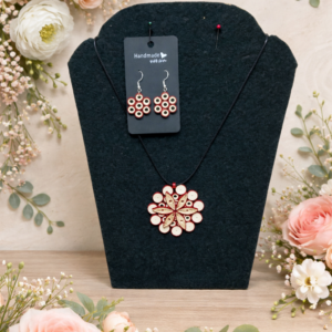 Crimson Bloom: Handmade Quilled Earring & Necklace Set in Red & White