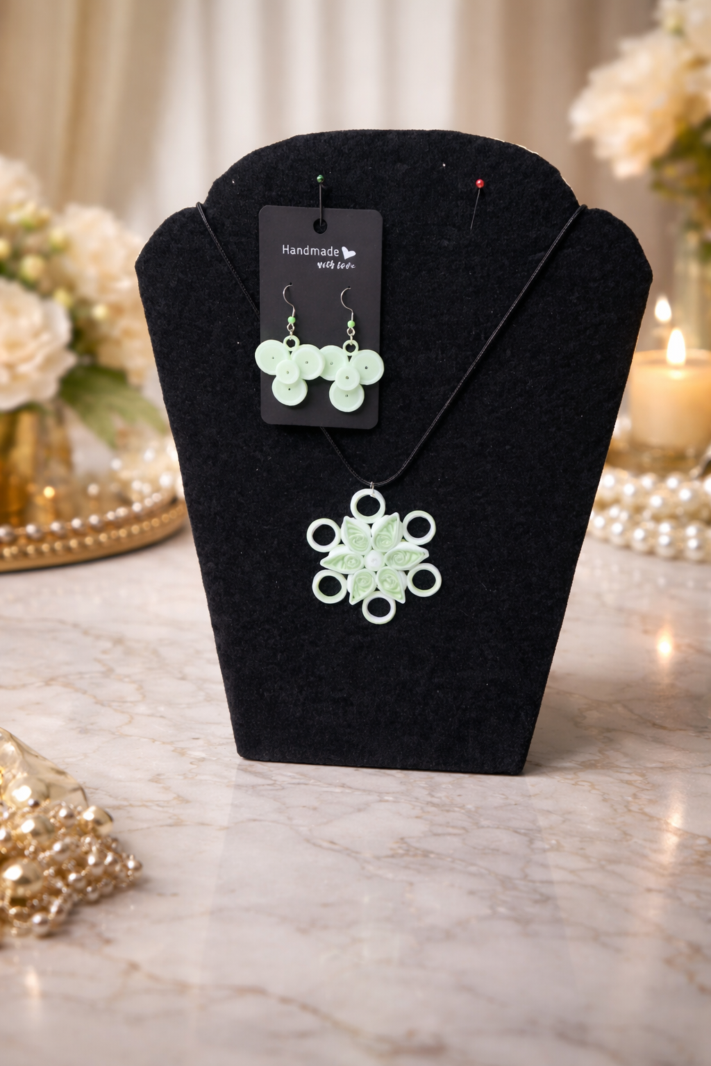 Elegant Quilled Floral Jewelry Set in Soft Green and White
