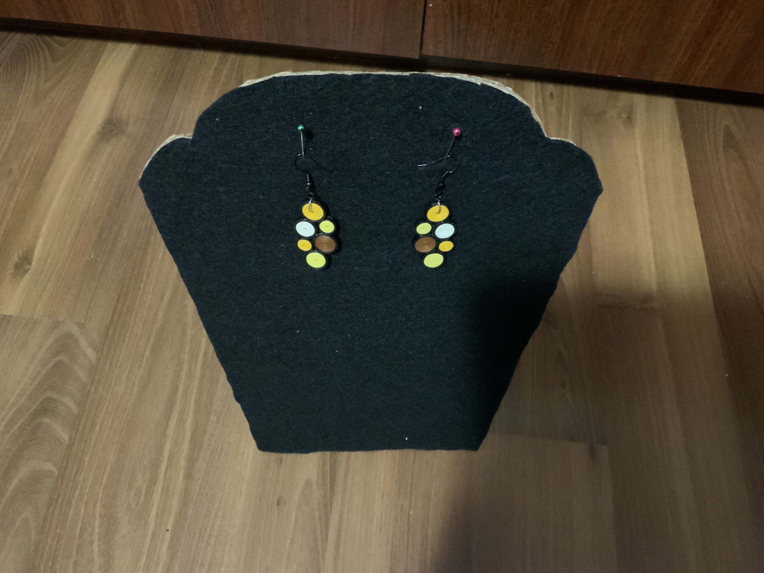 Elegant Dangle Earrings made in soft tones of yellow, brown, and white, Handmade Quilled Earrings - Image 3