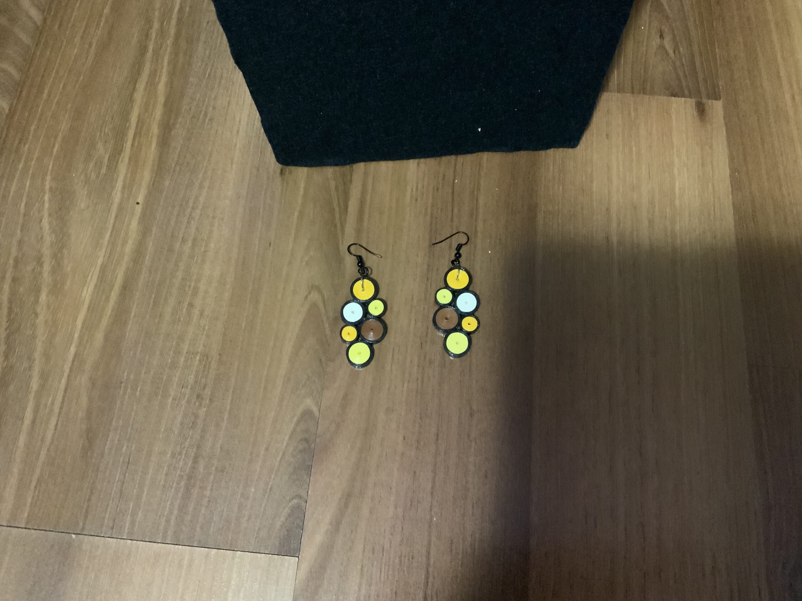 Elegant Dangle Earrings made in soft tones of yellow, brown, and white, Handmade Quilled Earrings - Image 4