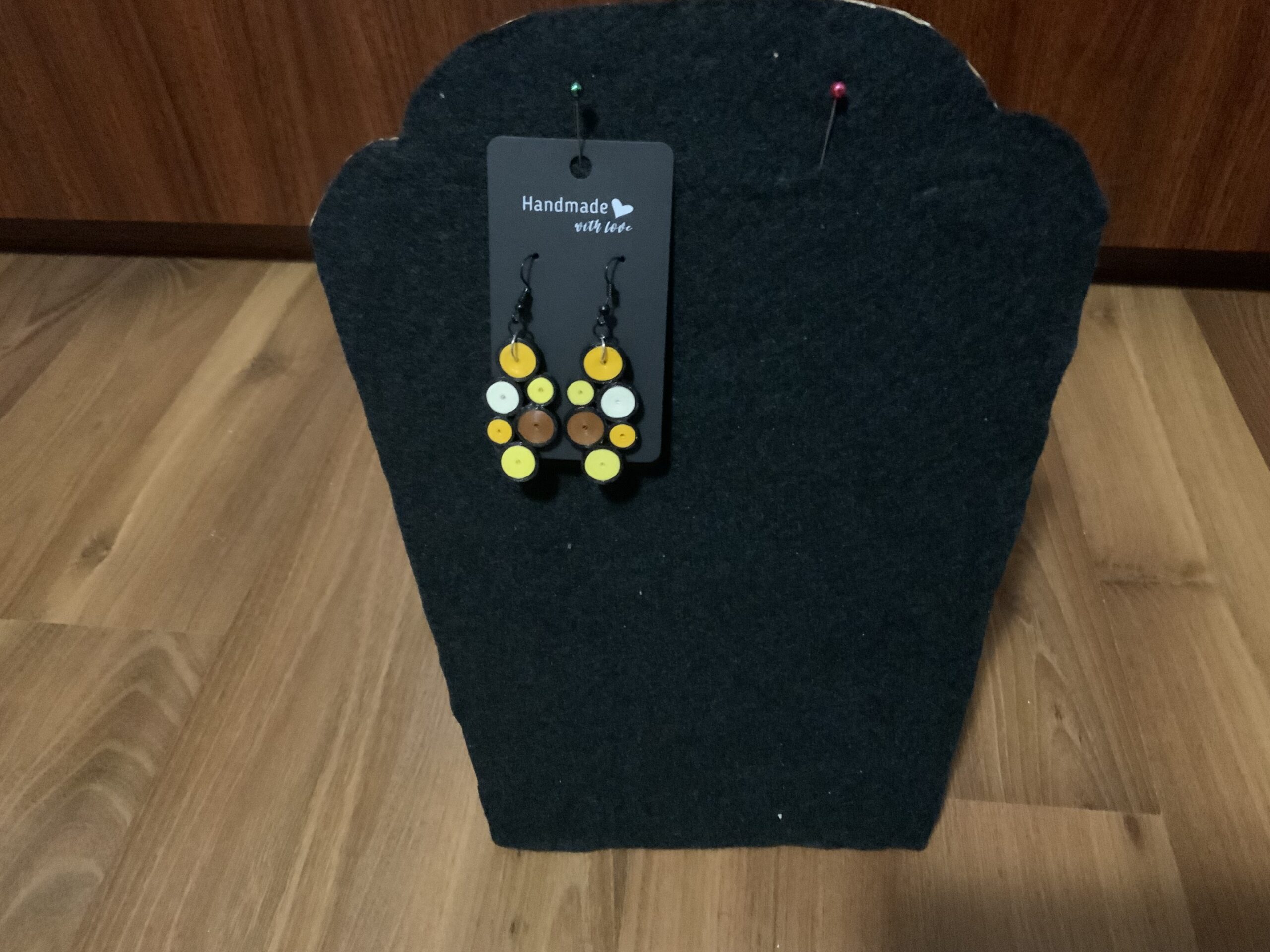 Elegant Dangle Earrings made in soft tones of yellow, brown, and white, Handmade Quilled Earrings