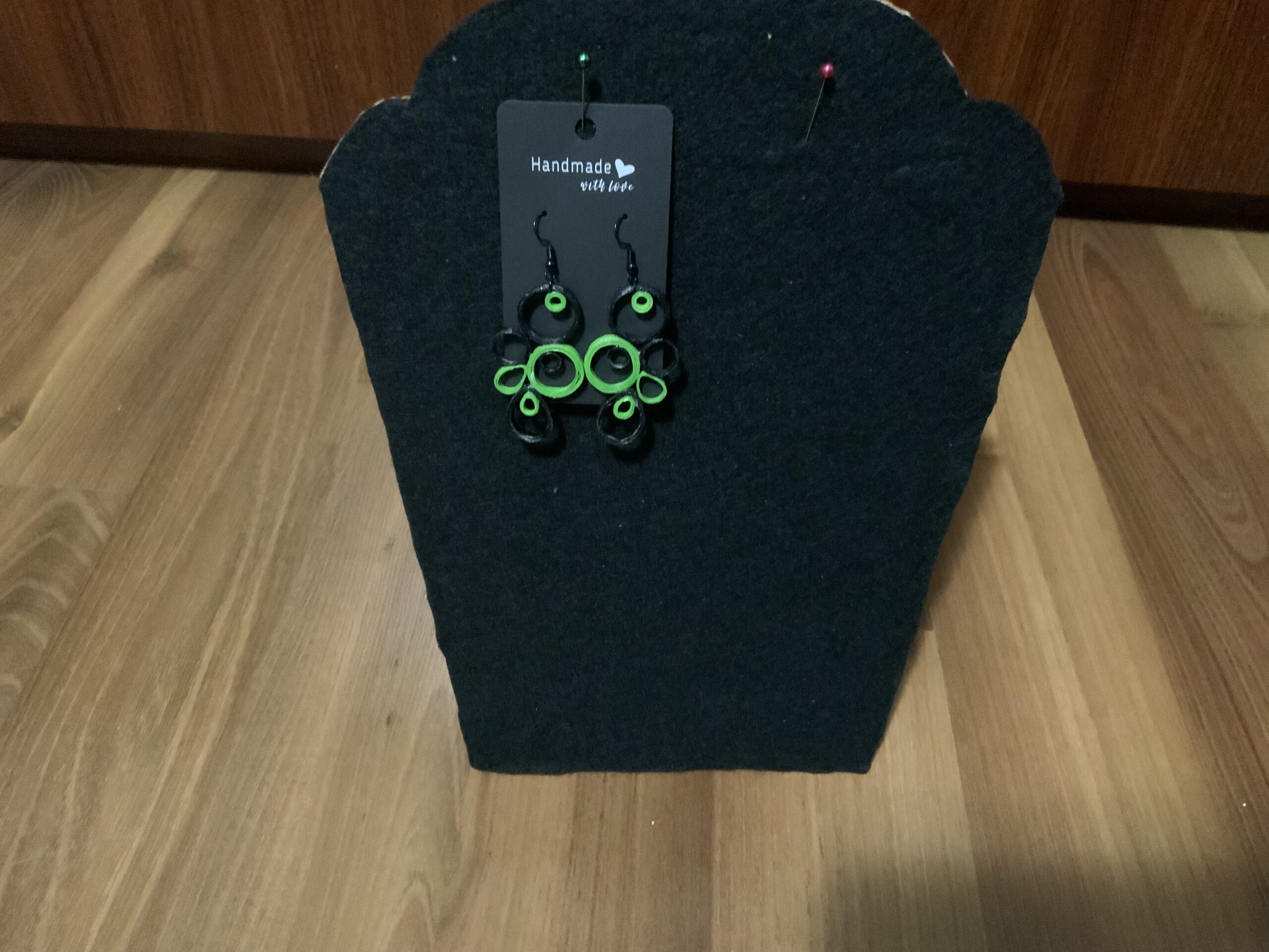 Green & Black Circular Style Handmade Quilled Dangle Earrings